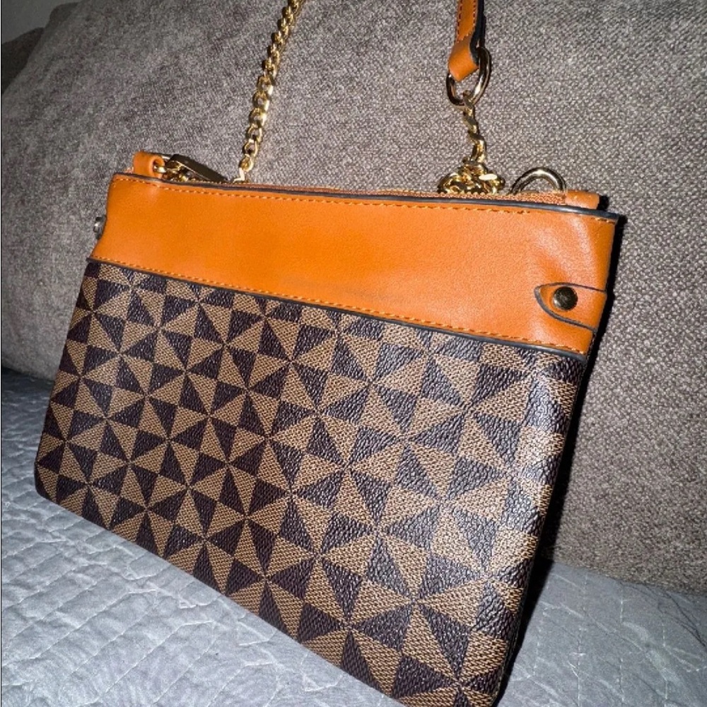 Geometric Patterned Tan and Orange Women's Bag